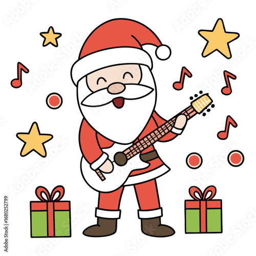 Happy Santa Claus playing acoustic guitar surrounded by gifts and musical notes Christmas