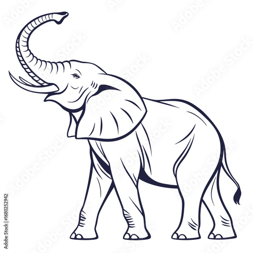 Outline Illustration of an African Elephant with Raised Trunk Keywords: elephant, african elephant, wildlife, animal, mammal, pachyderm, trunk, tusks, ears, legs, feet, tail, nature, wild, safari
