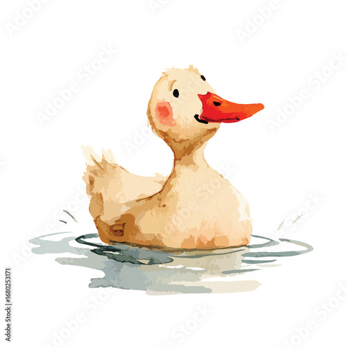 Watercolor Duckling Swimming with Ripples and Rosy Cheeks in a Serene Scene