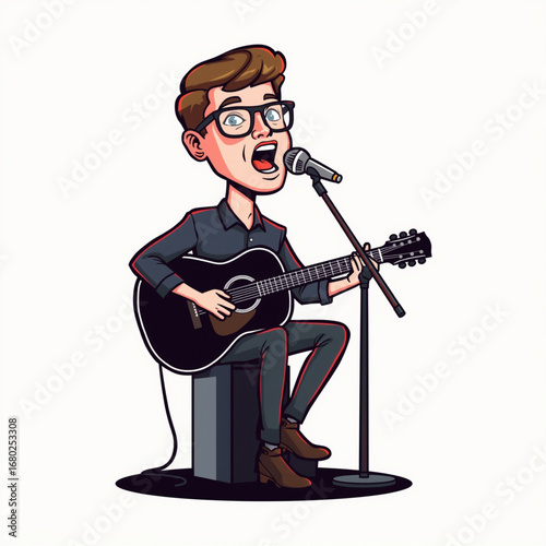 Modern mascot vector – male acoustic guitarist singing into microphone