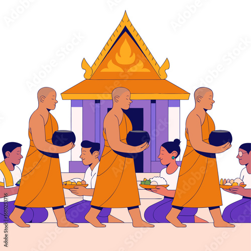 Pchum Ben Day festival, People kneeling with food trays monks holding alms bowls