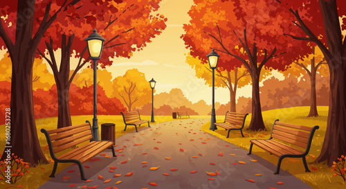 Illustration of a peaceful park in fall season with red and yellow trees, pathway, and benches