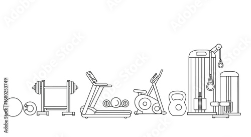 Minimalist vector line art of fitness equipment such as barbells, kettlebells, treadmill