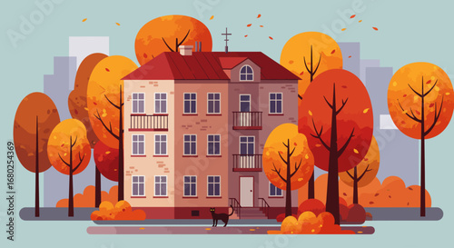Vector illustration of an autumn cityscape with an apartment building, red roof, black cat at the doorstep