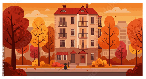 Vector illustration of an autumn cityscape with an apartment building, red roof, black cat at the doorstep