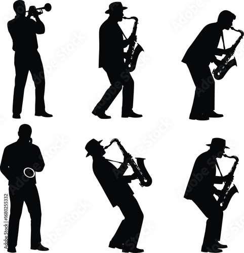 Silhouette of jazz musicians playing trumpet and saxophone, live music performance, instrumentalists, music passion, concert vibes, band members, artistic expressiont