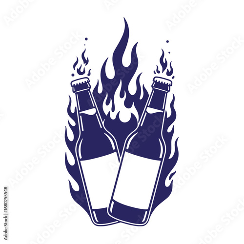 Two beer bottles with flaming effect unique illustration for bar and pub related designs