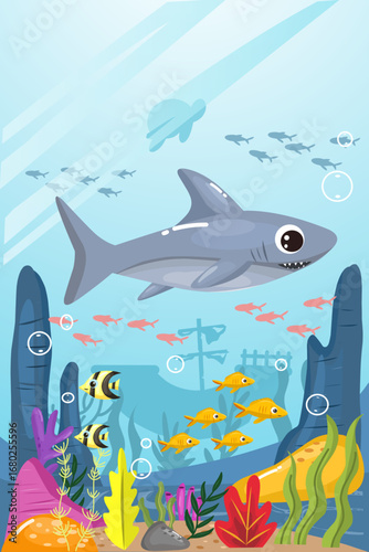 cartoon background with illustrations of cute sharks and a colorful underwater world