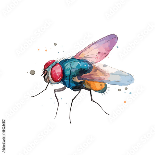 Watercolor housefly with iridescent wings and red eyes standing on spindly legs