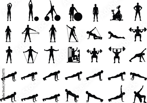 Silhouette of people doing fitness exercises, workout routine, strength training, bodyweight movements, gym equipment, resistance bands, home workout, flexibility training