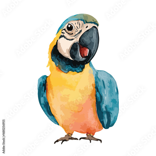 Watercolor Illustration of a Blue and Yellow Macaw with Detailed Feather Texture