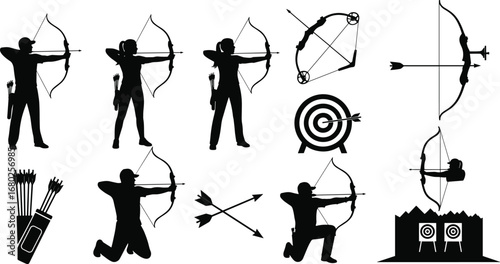 Archery silhouettes showing male and female archers aiming with bows and arrows, archery targets, compound bows, quivers, and precision shooting skills.