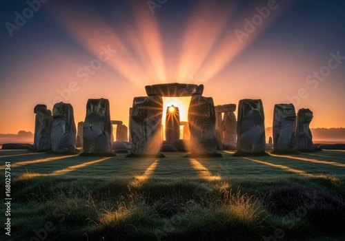 Radiant sunburst illuminates the ancient standing stones of Stonehenge at dawn, casting long shadows across the historic English landscape