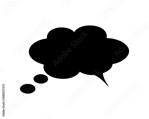 Black thought bubble on a white background with trailing dots representing contemplation