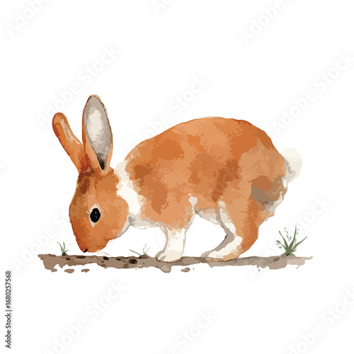 Watercolor Illustration of a Curious Rabbit Sniffing the Ground