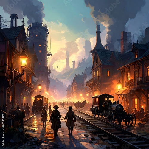 Steampunk Cityscape with Victorian Architecture and Horse-Drawn Carriages.