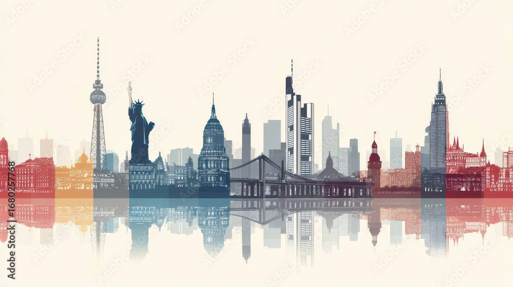 Fototapeta premium World famous landmarks reflecting on water surface
