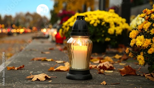 Illuminated glass candle lantern sits among autumn leaves and flowers at a grave site, moon visible in background