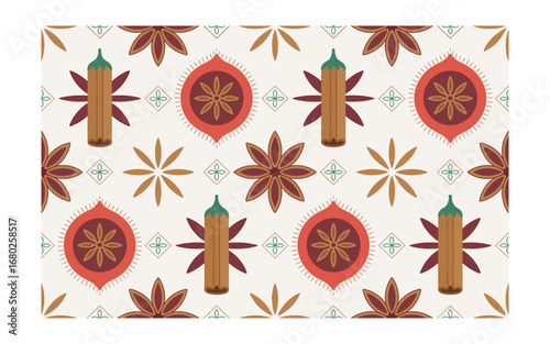 Geometric Spices: A Seamless Pattern of Anise Star, Cinnamon, and Florals on a Cream Background for Festive and Culinary Design