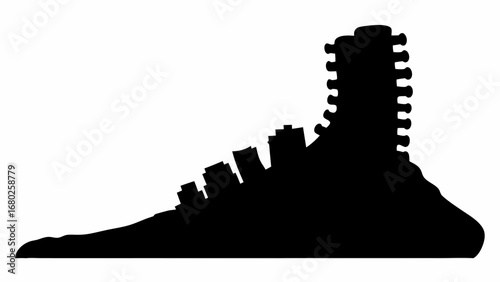 Silhouette of a high top boot with laces visible and a thick sole against a white background image view