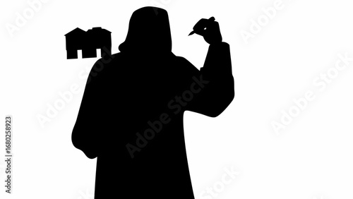 Silhouette of a person in dark clothing holding a pen with buildings in the background visible too