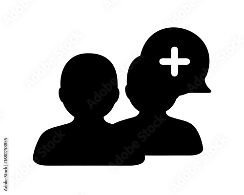 Collaborative healthcare consultation with medical advice showing as a chat bubble plus symbol