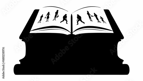 Open book displaying silhouettes of people engaging in various activities in black and white illustration