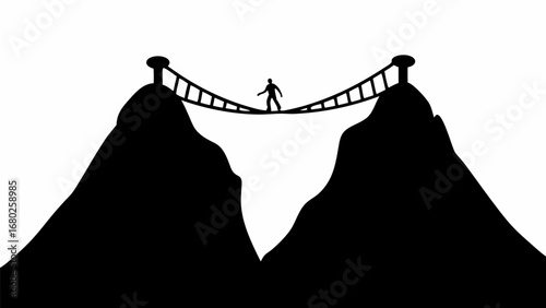 Silhouette of a person walking on a rope bridge between two mountains in a black and white illustration