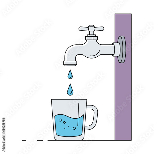 Water flowing from a tap into a clear glass mug with bubbles forming inside the liquid