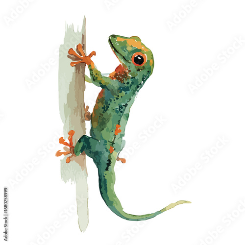 Watercolor Illustration of a Green Gecko Climbing a Tree Branch
