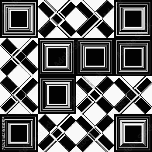Abstract geometric pattern featuring interlocking squares and diagonal lines in a striking black and white contrast