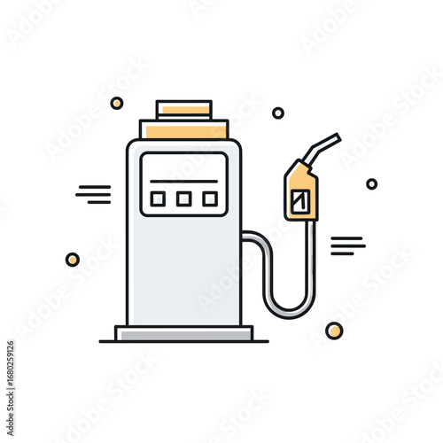 Detailed illustration of a modern automobile fueling station dispensing pump with a connected hose and nozzle