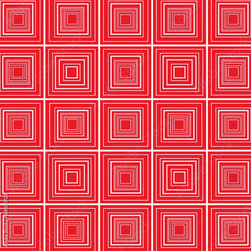 Geometric pattern of nested squares in shades of red and white creates a visually engaging abstract design