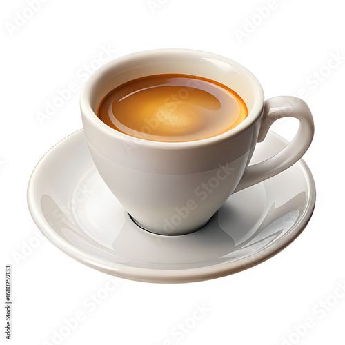 A steaming cup of espresso with crema on a white saucer, isolated on a transparent background
