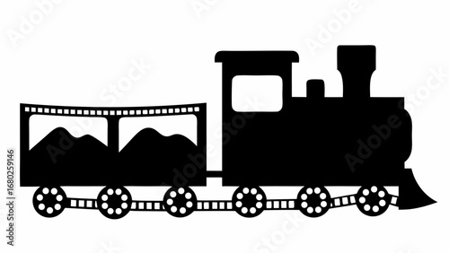 Silhouette of a vintage steam train with a coal car, featuring rounded wheels and a prominent smokestack
