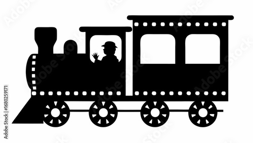 Silhouette of a steam train with a driver waving from the cabin and a passenger car attached to it