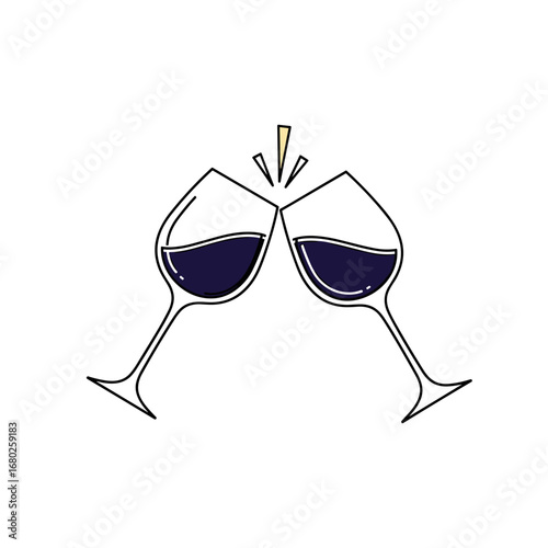 Two wine glasses clinking together celebrating a special toast with sparkles and festive cheer