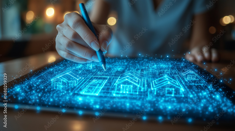 Naklejka premium Tablet and smart stylus in creative use, showing a smart home layout being drawn, symbolizing interactive control