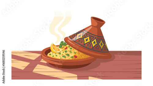 Steaming Moroccan Tagine: A Delicious Culinary Illustration of Couscous, Lemon, and Traditional Pottery on a Wooden Tabletop, Capturing the Essence of North African Cuisine