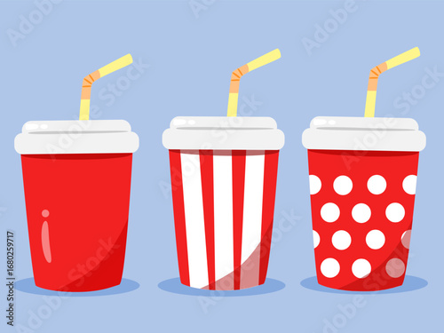 Soda paper cup set cartoon. Beverage illustration. Can be used for sticker and wallpaper