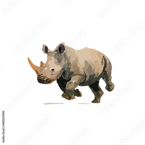 Watercolor Illustration of a Running Rhinoceros with Detailed Horn and Skin