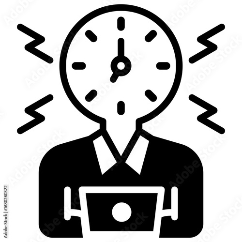 Stress Black Fill Outline Icon Design Vector - Person with clock as head, symbolizing stress, overwork, and time pressure