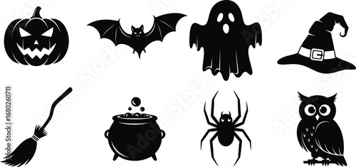 Spooky halloween silhouette with pumpkin, bat, ghost, hat, broom, cauldron, spider, and owl