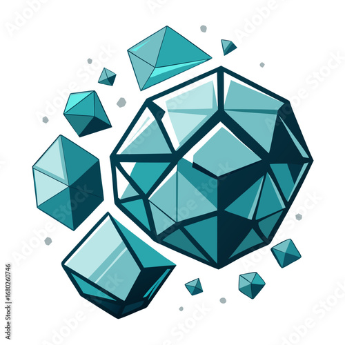 3D shattered dodecahedron pieces gently floating apart on white background