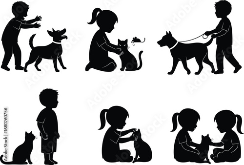 Silhouettes of children playing with pets, walking dogs, sitting with cats, pet care, friendship, animals, kids, companionship, playful moments