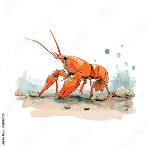 Watercolor Illustration of a Vibrant Orange Crawfish on a Rocky Shoreline