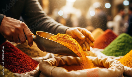 Fototapeta Naklejka Na Ścianę i Meble -  A street food vendor at a bustling market scoops a generous portion of vibrant, golden turmeric or curry powder from a large sack, showcasing exotic spices.