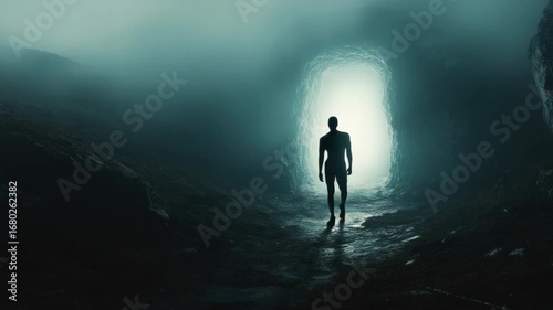 Wallpaper Mural Silhouette stands in foggy cave, illuminated by bright light from opening ahead Torontodigital.ca