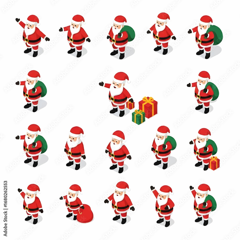Fototapeta premium Vector set of isometric Santa Claus icons with 3D perspective. Festive red outfit, gift bag, and cheerful poses, modern design for holiday and seasonal projects.
