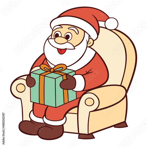 Cheerful Santa Claus sitting in an armchair holding a gift box Christmas present